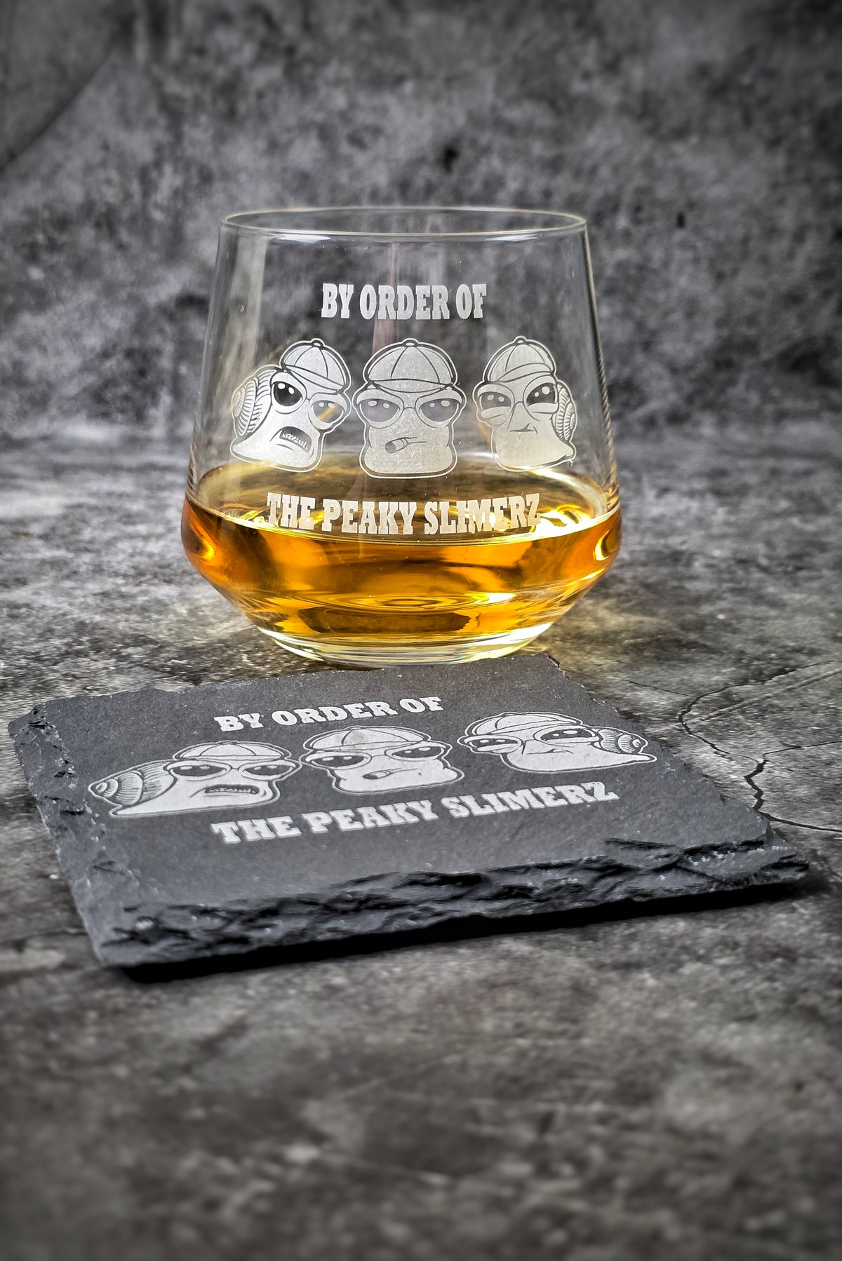 Peaky Slimerz engraved crystal whiskey glass with matching slate coaster