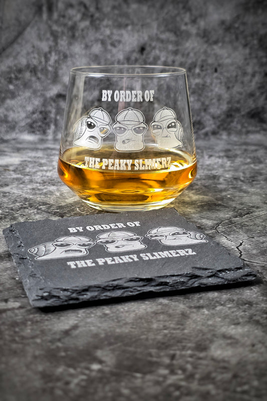 Peaky Slimerz engraved crystal whiskey glass with matching slate coaster